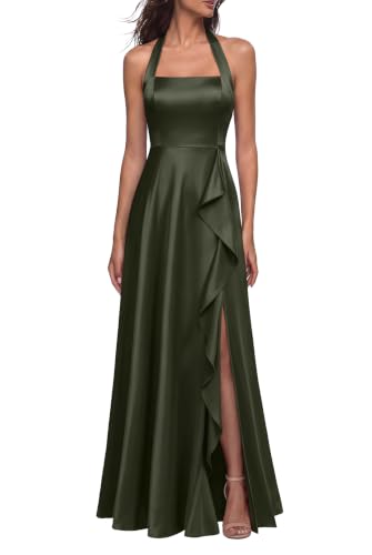 YMDUCH Women's Sleeveless Halter High Split Long Formal Dress Army Green | Stain,Elegant,Ruffle,Wedding Guest,Evening,Cocktail,Bridesmaid,Party,Birthday,Maxi,Stretch,Backless,Adjustable Strap