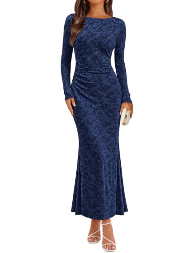 MEROKEETY Women's Fall Wedding Guest Formal Floral Maxi Dresses, Navy, M | Long Sleeve, Bodycon, 2026 Winter, Cocktail Party, Boat Neck, Lace Jacquard Knit, Mermaid Hem, Sheer Sleeves, Long Dress