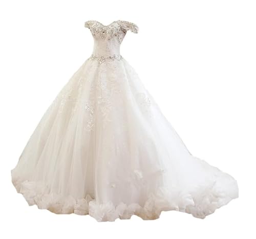 JuneJosephine Sparking Rhinestones Sequins Princess Women Bridal Ball Gown with Train Wedding Dress for Bride Long White Ivory