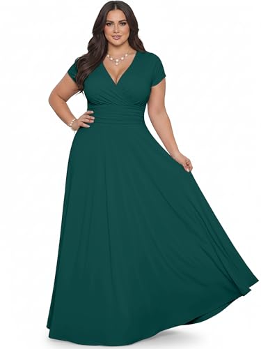 KOH KOH Women’s Long Cap Short Sleeve Flowy Cocktail Semi Formal Prom Gala Black Tie Bridesmaid Wedding Guest Work Dressy Tall Gown Gowns Maxi Dress Dresses, Emerald Green L 12-14
