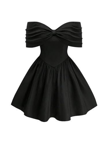 SOLY HUX Women's Plus Size Off the Shoulder Short Dress Ruched A Line Flared Short Sleeve Cocktail Party Club Dresses Solid Black X-Large Plus