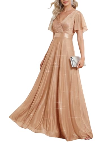 Ever-Pretty Women's Summer Glitter Formal Dresses Evening Gown V Neck Short Sleeves A-Line Floor Length Mother of Bride Dress Rose Gold US8