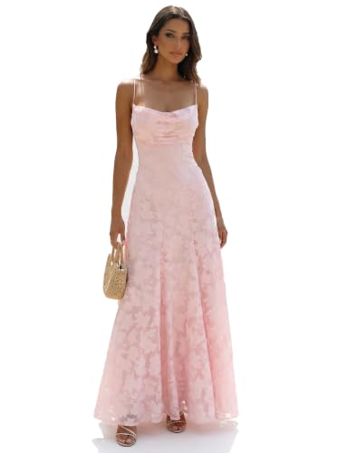 Voythreap Elegant Spaghetti Strap Floral Maxi Prom Dress Pink