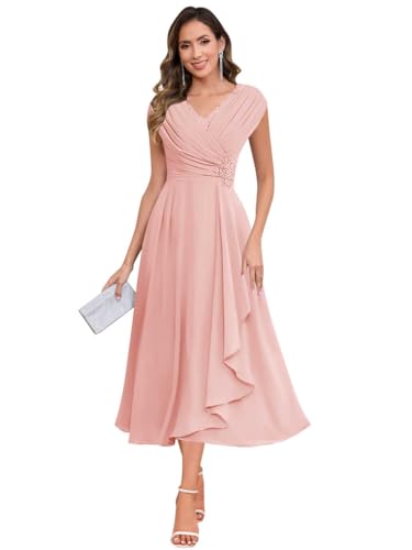 Djkvmd Petite Formal Dresses for Mother of The Bride Blush Pink Tea Length Formal Mother of The Groom Dress US20W