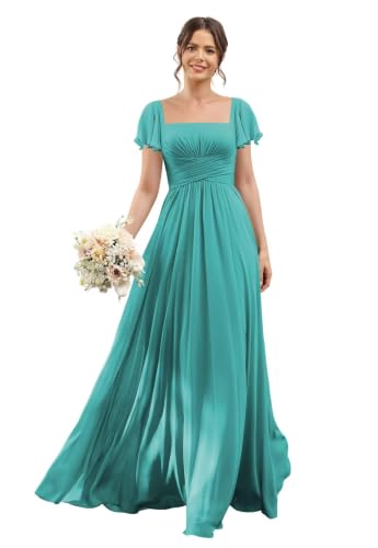 Women’s Chiffon Bridesmaid Dresses Long Aqua Blue Chiffon A Line Square Neck Wedding Guest Dress 2026 Flutter Sleeves Maxi Dress,10