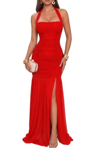 Memoriesea Women's High Slit Halter Tie Ruched Mesh Cocktail Wedding Guest Maxi Dress Red