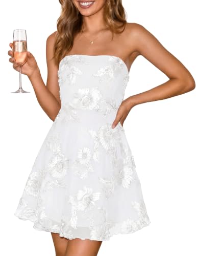 ZESICA Women's 2027 Summer Strapless Floral Mini Dress White L | 3D Embroidered Mesh A-Line Tube Top Off Shoulder Short Dresses for Wedding Guest Cocktail Formal Party Beach Vacation