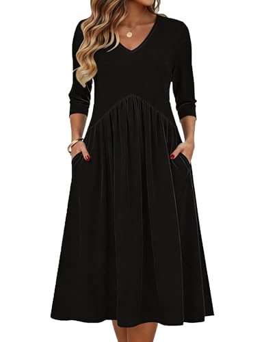 Zeagoo Funeral Dresses for Women 2026 3/4 Sleeve Women's Dress Casual Loose | Empire Waist, Flowy A-line Midi, Side Pockets, Fall Dresses, Wedding Guest Dress, Beach Sundress, Great for Casual, Work