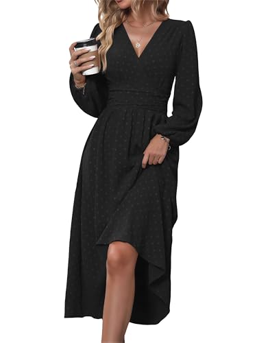 Mettclasi Women's Spring Fall Swiss Dot V-Neck Midi Dress Casual Puff Long Lantern Sleeve A-Line Flowy Wedding Guest Dress - Black, Medium