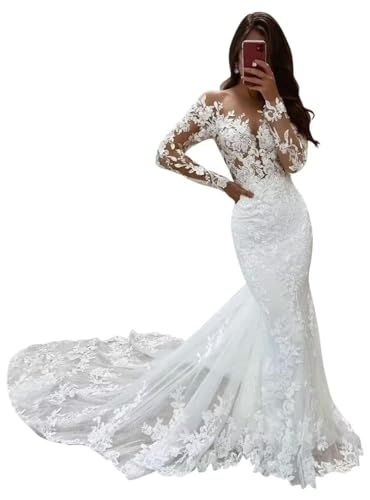 Long Sleeve Lace Mermaid Wedding Dress for Bride Tulle Long 2026 V Neck Appliques Bridal Gowns with Train White US4 BWL008