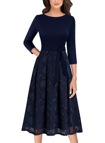 VFSHOW Womens Work Business Casual Church Pockets Belted A-Line Midi Dress