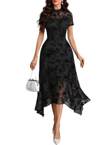 GothDark Cocktail Dresses for Parties A-Line Dress Black Floral Medium | Black Wedding Guest Dress, Fit And Flare Midi Dress, Womens Black Formal Dress, Black Floral Dress For Women, Black Tie Dress