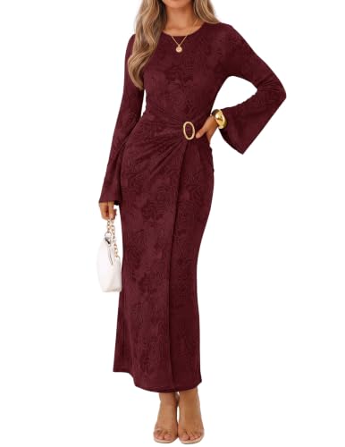 MEROKEETY Women's Fall Wedding Guest Formal Maxi Dress, Burgundy, L | Bell Sleeve, Faux Wrap, Bodycon, Cinched Waist, Floral, Ruched, Tea Length, Modest Dinner Dresses, Winter Clothes 2026