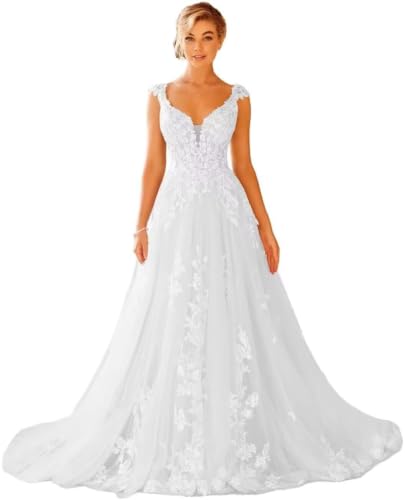 A-Line Lace Wedding Dress V-Neck Cap Sleeve Bridal Gown with Train White