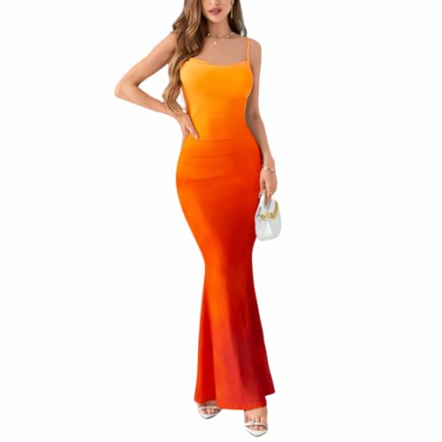 LIGHT DOT Women's Summer Ombre Cowl Neck Maxi Dress Party Mermaid Dress Spaghetti Strap Bodycon (Orange,L)
