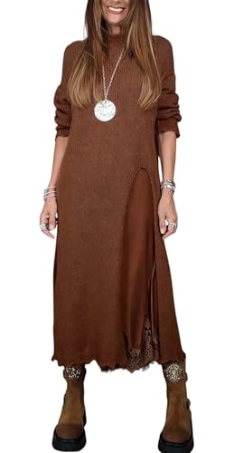chouyatou Women Fall Winter 2 Piece Sweater Dress Sets with Lace Slip Dress (Medium, Brown)