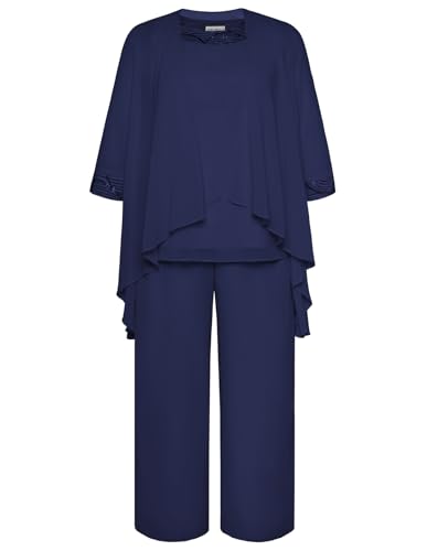Hanna Nikole Womens Plus Size Formal Outfits with Jacket Flowy Mother of The Bride Pants Suit for Wedding Guest Navy Blue 18 Plus