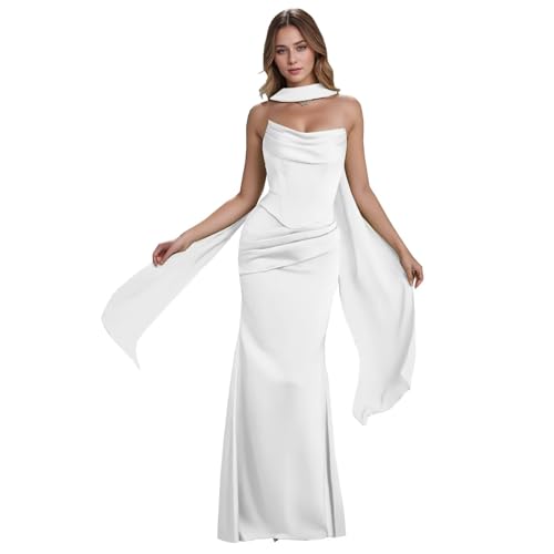 DKZQQ Terracotta Bridesmaid Dress Strapless Beach Formal Dresses Cowl Neck Wedding Guest Dress with Slit Ivory US6