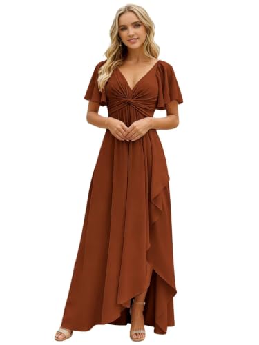 Split Long Rust Bridesmaid Dresses with Sleeves V Neck US14