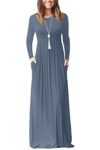 EUOVMY Women's Long Sleeve Maxi Dress Casual Loose Flowy Party Vintage Vacation Beach Party Vacation Dresses with Pockets Haze Blue Large