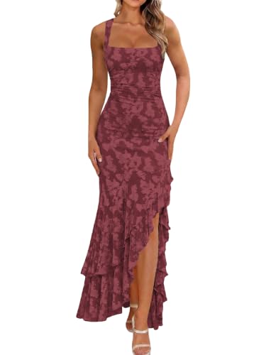 Women's Elegant Ruched Floral Maxi Wedding Guest Dress,XS,Wine Red