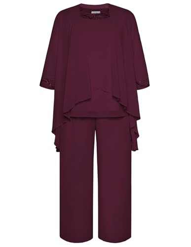 Hanna Nikole Mother of The Groom Dresses Plus Size Wedding Pant Suits Long Cocktail Pant Suits with Pockets Wine Red 18W