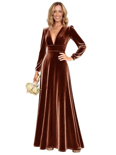 Maxianever Long Velvet Dresses V Neck Plus Size Rust Bridesmaid Dress Fall and Winter Formal Party Gowns 22