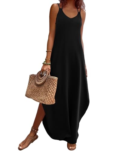 Zeagoo Summer Dresses for Women Black Casual Spaghetti Strap V Neck Sleeveless Dresses with Pocket Black L