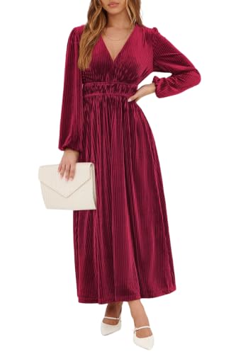 Sissyaki Women's Velvet Long Sleeve Maxi Dress Formal Wedding Guest Cocktail Dress for Fall Winter B#Burgundy Medium