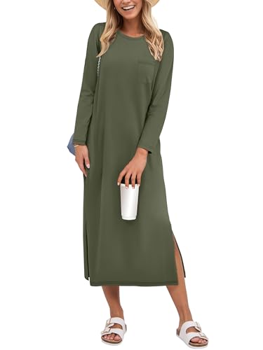 ANRABESS Women Fall Long Sleeve Midi T Shirt Dresses with Chest Pocket | Lightweight Soft,Solid&Striped&Floral,Crew Neck Slit Side Dresses,2026 Trendy Spring Summer Outfits,Travel Vacation Work Wear