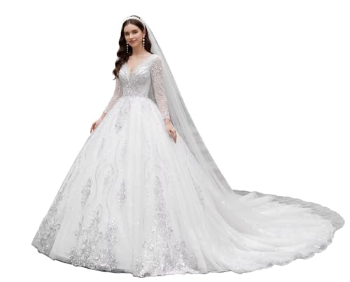 Sparkly Beaded Boho Bridal Dress for Women Corset Back Train Gorgeous A-Line Wedding Gown Long Sleeves Deep V Neck Ivory 10 DR0933-02 N