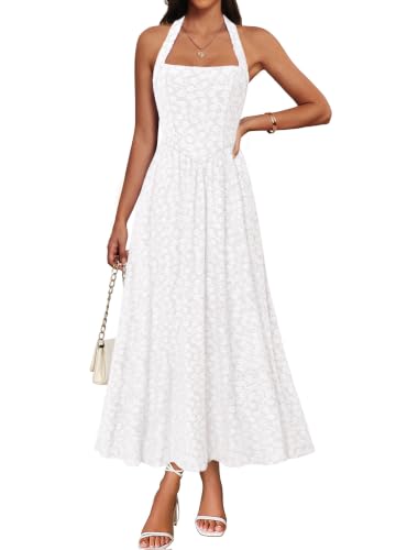 IWD Women's Backless Floral Long Dress for Wedding Guest, White, S | Flowy A Line, Jacquard Pattern, Adjustable Halter, Fitted High Waist Sleeveless, Casual Formal Cocktail, Side Pockets