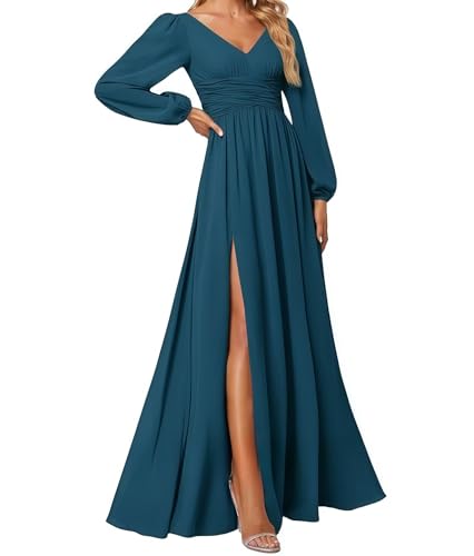 GAOHONGLU Women's Bridesmaid Dresses V-Neck Long Sleeve Chiffon for Ruffle Ruched Formal Evening Party Gowns Ink Blue Size 20 Plus