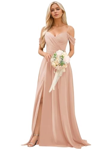 camftbo Maxi Ruched Bridesmaid Dresses for Wedding 2026 Plus Size Chiffon Rose Gold Off Shoulder Long Formal Party Gowns with Slit 24