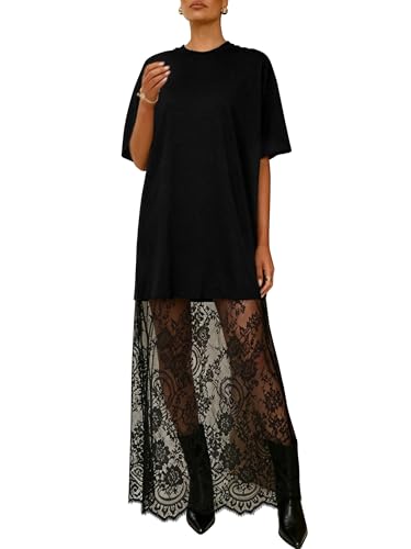 miduo Womens Summer Short Sleeve Lace Midi Maxi Dress Long Dresse Black L
