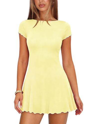 Pungdra Womens T Shirt Mini Dress Ribbed Cinched Waist Dresses Yellow XS | Stretchy Knit,Short Sleeve,Contrast Trim,Short Dresses,Summer,Cute Casual Flowy,Graduation Going Out Wrap Dress.