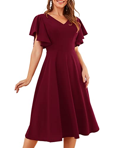 Bridesmay Semi Formal Dresses Ruffle Sleeve Tea Party Dress A Line Swing Vintage Cocktail Dress Burgundy Bridesmaid Dresses Burgundy M