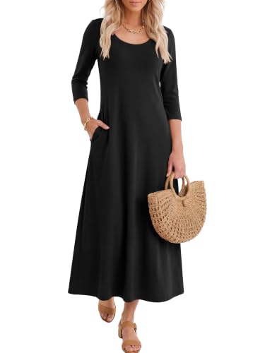 ANRABESS Womens 3/4 Sleeve Scoop Neck Casual Maxi Dress,Black,XL | Fall Long Dresses &Pockets, A-Line Relax Fit,Soft Breathable, Travel Vacation All-Day Wear, Spring Transition Outfits
