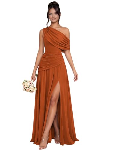 Fuojrag Women's Ruched One Shoulder Chiffon Formal Gown High Slit A Line Bridesmaid Dress Burnt Orange US4