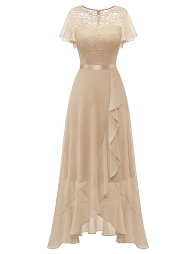 BeryLove Women Formal Wedding Guest Elegant Bridesmaid Dresses Champagne M | Flutter Sleeve Lace Long Cocktail Dress, Ideal for Evening, Mother of the Bride, Prom Homecoming Party, Semi-Formal Event