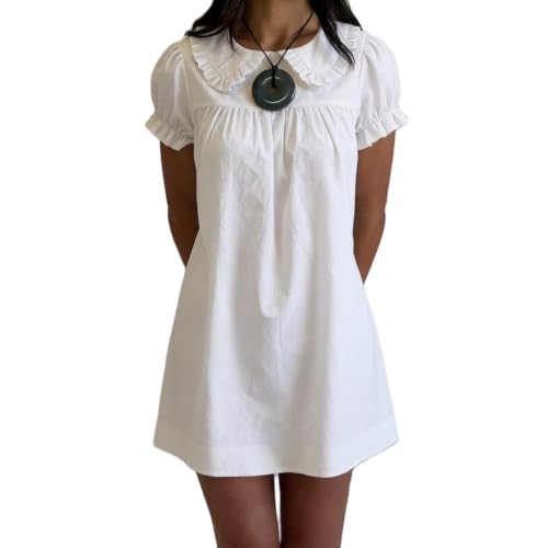 Women Babydoll Mini Dress Flowy Puff Sleeve Short Dress (B White, L) | Peter pan collar mini dress,Ruffle a line mini dress,Cute mini dress y2k