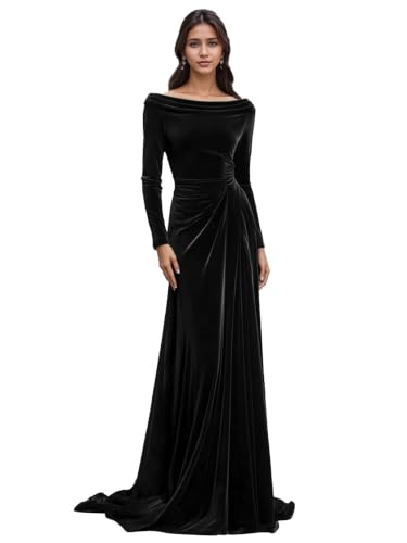 Dlkrda Velvet Wrap Bridesmaid Dresses Black Formal Gowns with Sleeve US16