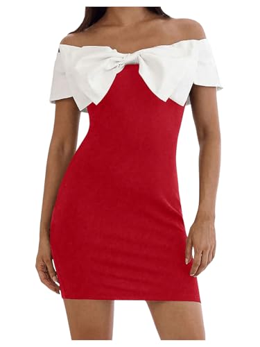 Floerns Women's Elegant Off Shoulder Bow Front Bodycon Mini Dress Red | Off Shoulder, Short Sleeve, Bow Front Detail, Bodycon Fit, Mini Dress, Cocktail Party Wear, Red, Medium