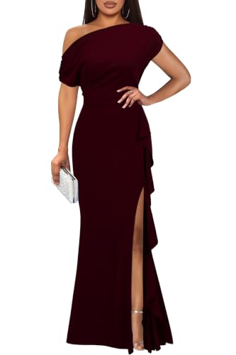 WOOSEA Women's Elegant Sleeveless Off Shoulder Sexy Ruffle Split Style Evening Formal Party Maxi Dress Burgundy