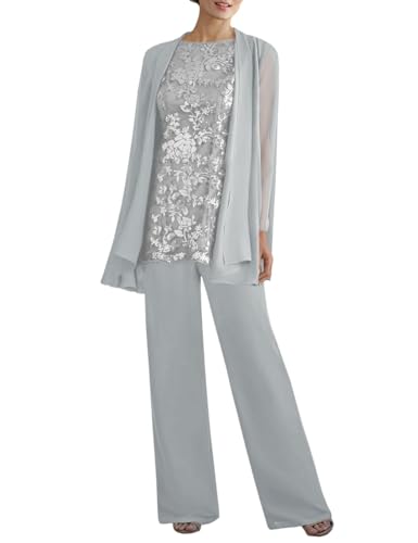 Women's 3PC Lace Pants Suits Mother of Bride Dressy Elegant Sets Wedding Formal Outfit Light Grey
