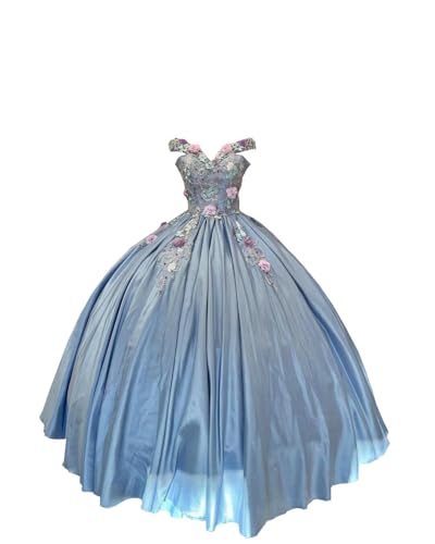 V Neck Ball Gown Satin Quinceanera Dresses Sweet 15 16 Mexican Floral Flowers Lace Beaded Party Dress Baby Blue 0