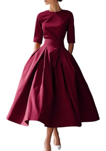 Famnbro Womens Pleated Cocktail Dresses 1950s 3/4 Sleeves Church Dress