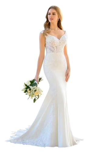 cantcauli Sexy Lace Wedding Dress Long Train Appliques Spaghetti Strap Mermaid V Neck Sleeveless Plus Size Bodycon Bridal Dress White US20
