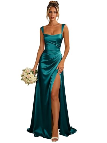 Jalunian Satin Bridesmaid Dresses for Wedding Peacock Formal Dress for Women Long Ruched Backless Maxi Corset Cocktail Party Gown 4