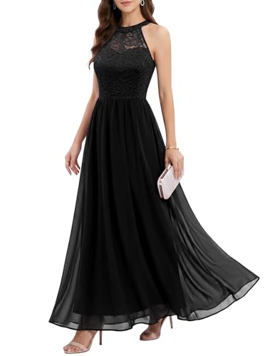 Wedtrend Halter Floral Lace Long Chiffon Wedding Bridesmaid Dress Cocktail Party Gown WT0201BlackXL